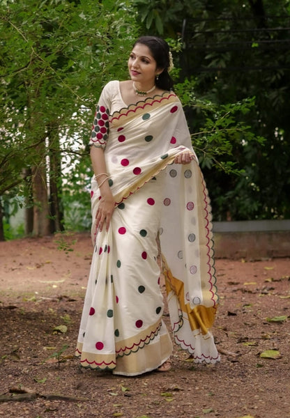 Linen Slub Cotton Saree with Polka Dots & Scalloped Borders – ₹999