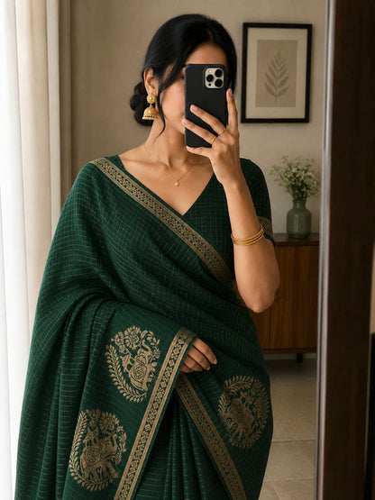 Viscose Chinnon Silk Saree with Checked Pattern & Zari Borders – ₹1500