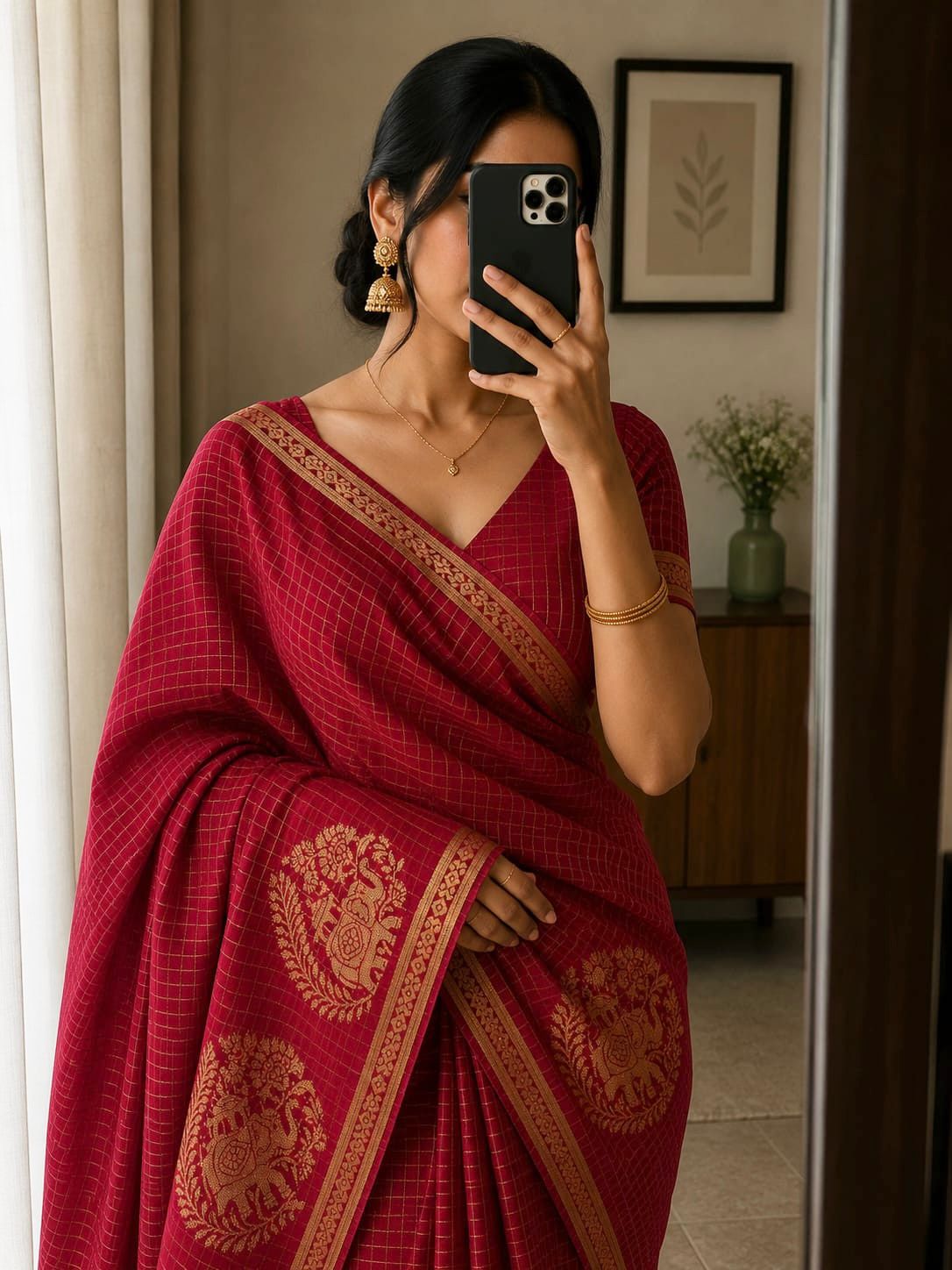 Viscose Chinnon Silk Saree with Checked Pattern & Zari Borders – ₹1500