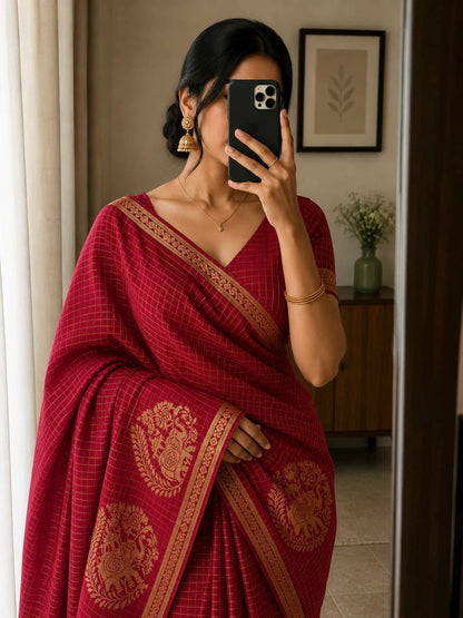 Viscose Chinnon Silk Saree with Checked Pattern & Zari Borders – ₹1500