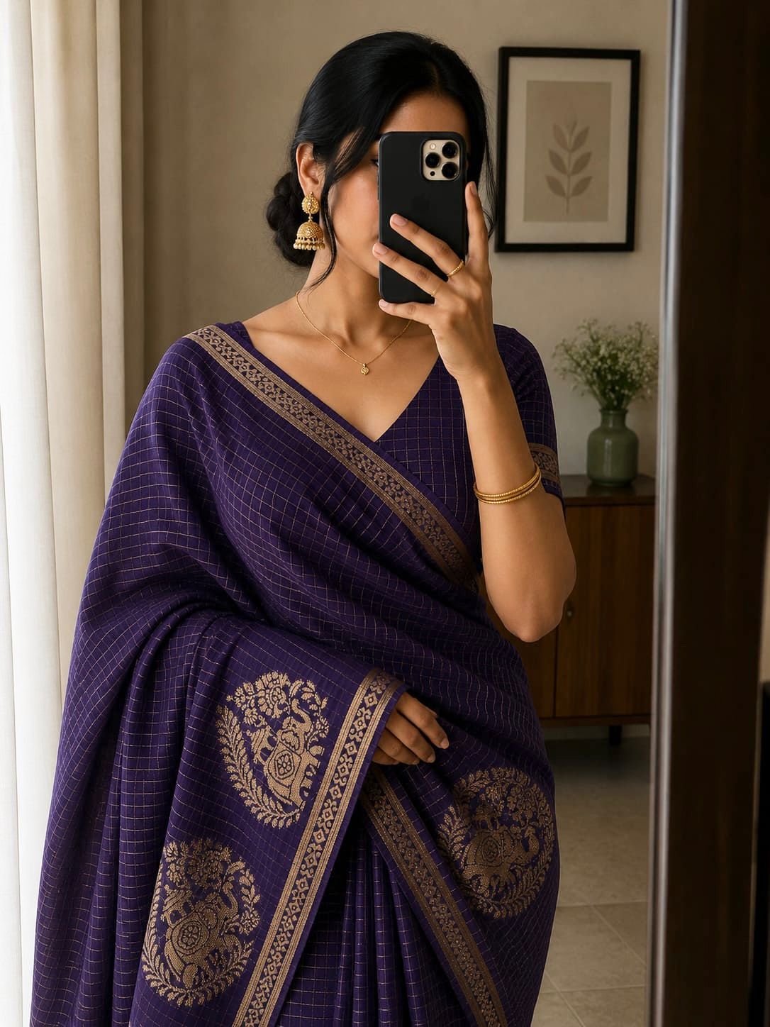 Viscose Chinnon Silk Saree with Checked Pattern & Zari Borders – ₹1500
