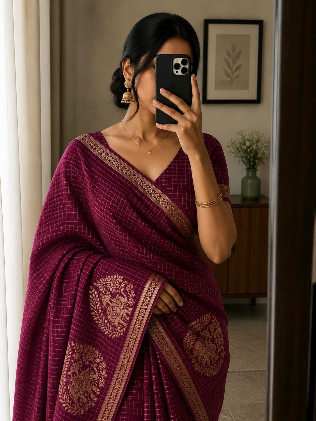Viscose Chinnon Silk Saree with Checked Pattern & Zari Borders – ₹1500