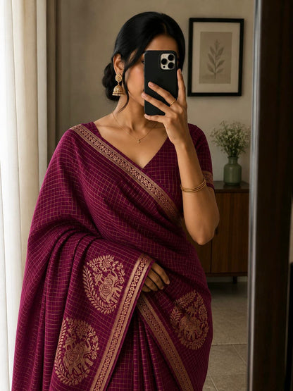 Viscose Chinnon Silk Saree with Checked Pattern & Zari Borders – ₹1500