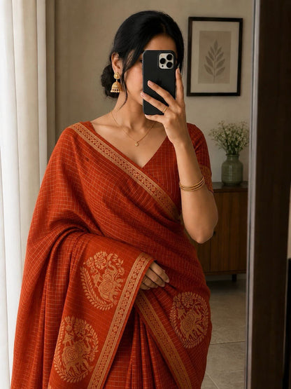 Viscose Chinnon Silk Saree with Checked Pattern & Zari Borders – ₹1500