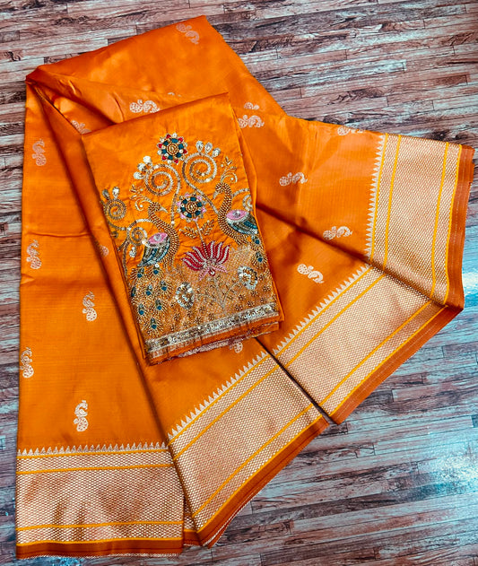 Semi Silk Saree with Sequins Embroidered & Bead Work Blouse – ₹1399