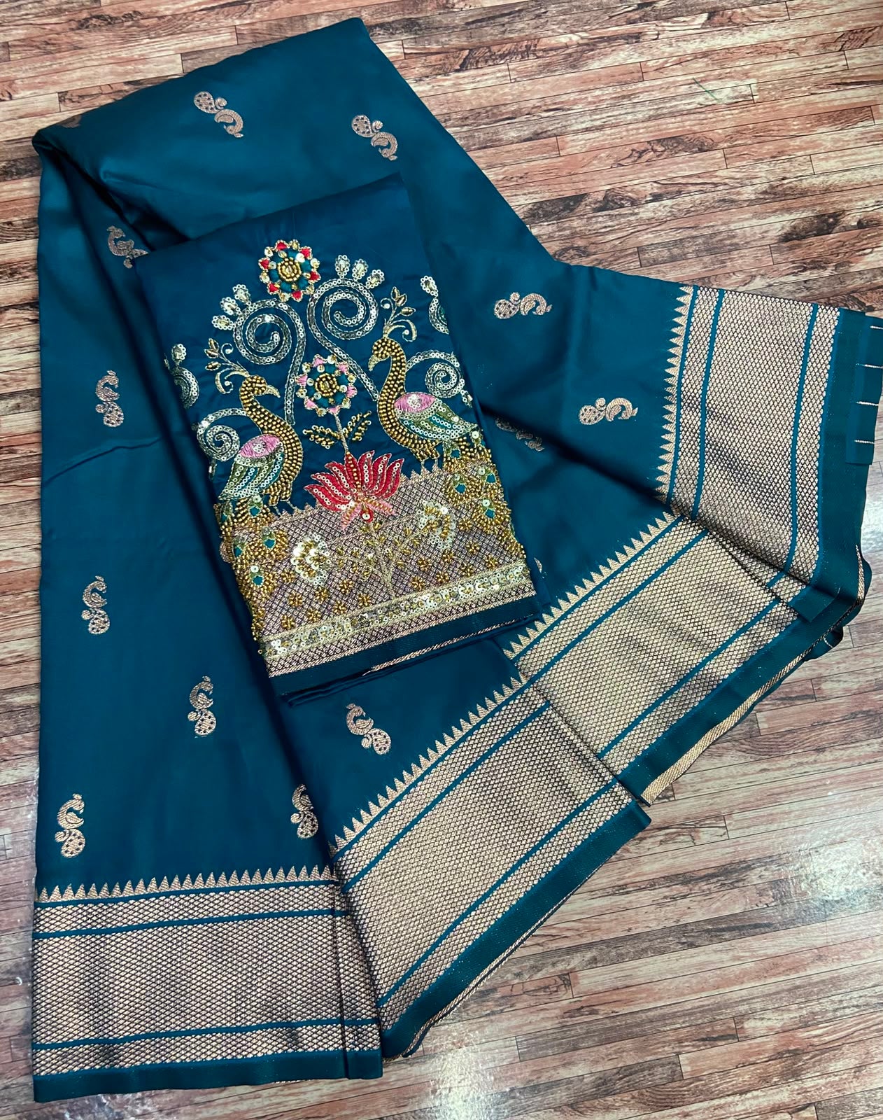 Semi Silk Saree with Sequins Embroidered & Bead Work Blouse – ₹1399