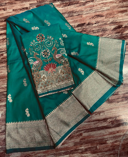 Semi Silk Saree with Sequins Embroidered & Bead Work Blouse – ₹1399