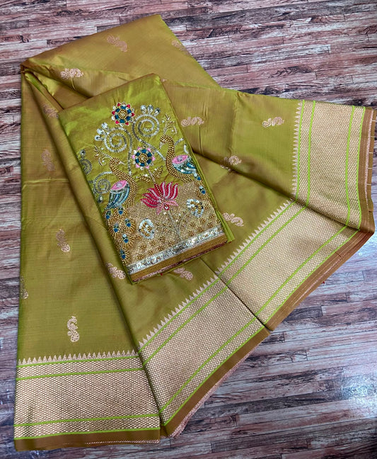 Semi Silk Saree with Sequins Embroidered & Bead Work Blouse – ₹1399