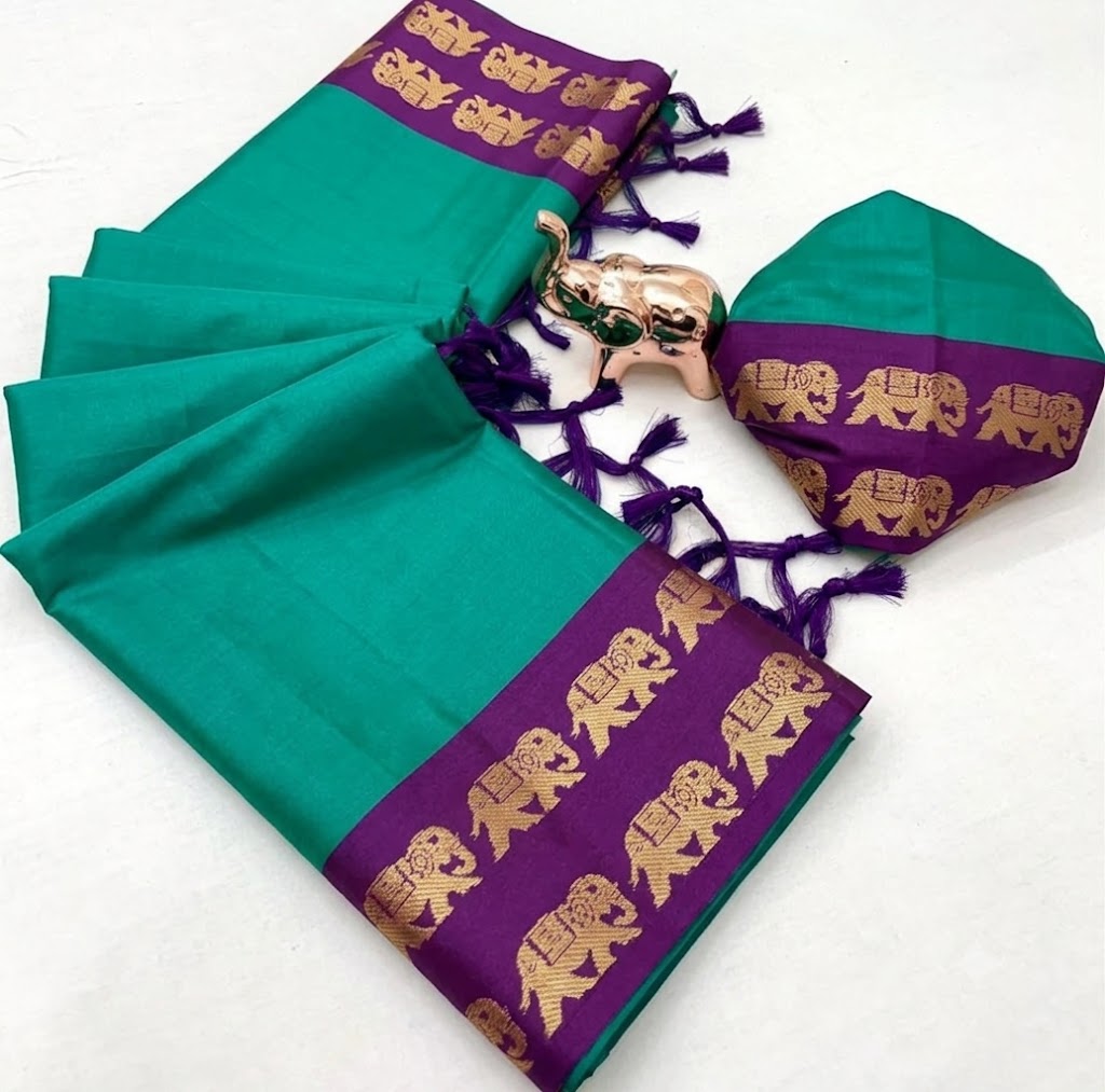 Cotton Silk Weaving Saree with Elephant Zari Weaving Borders – ₹799