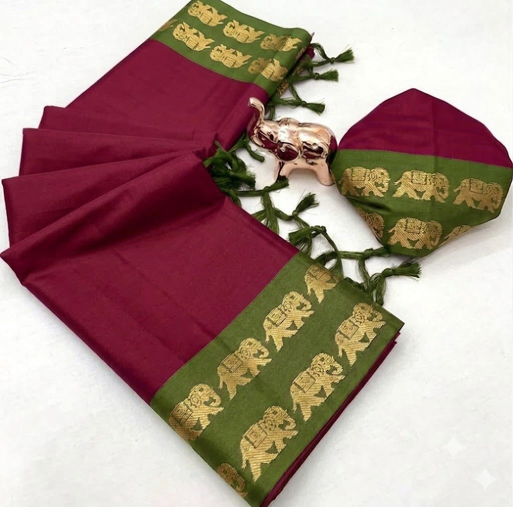 Cotton Silk Weaving Saree with Elephant Zari Weaving Borders – ₹799