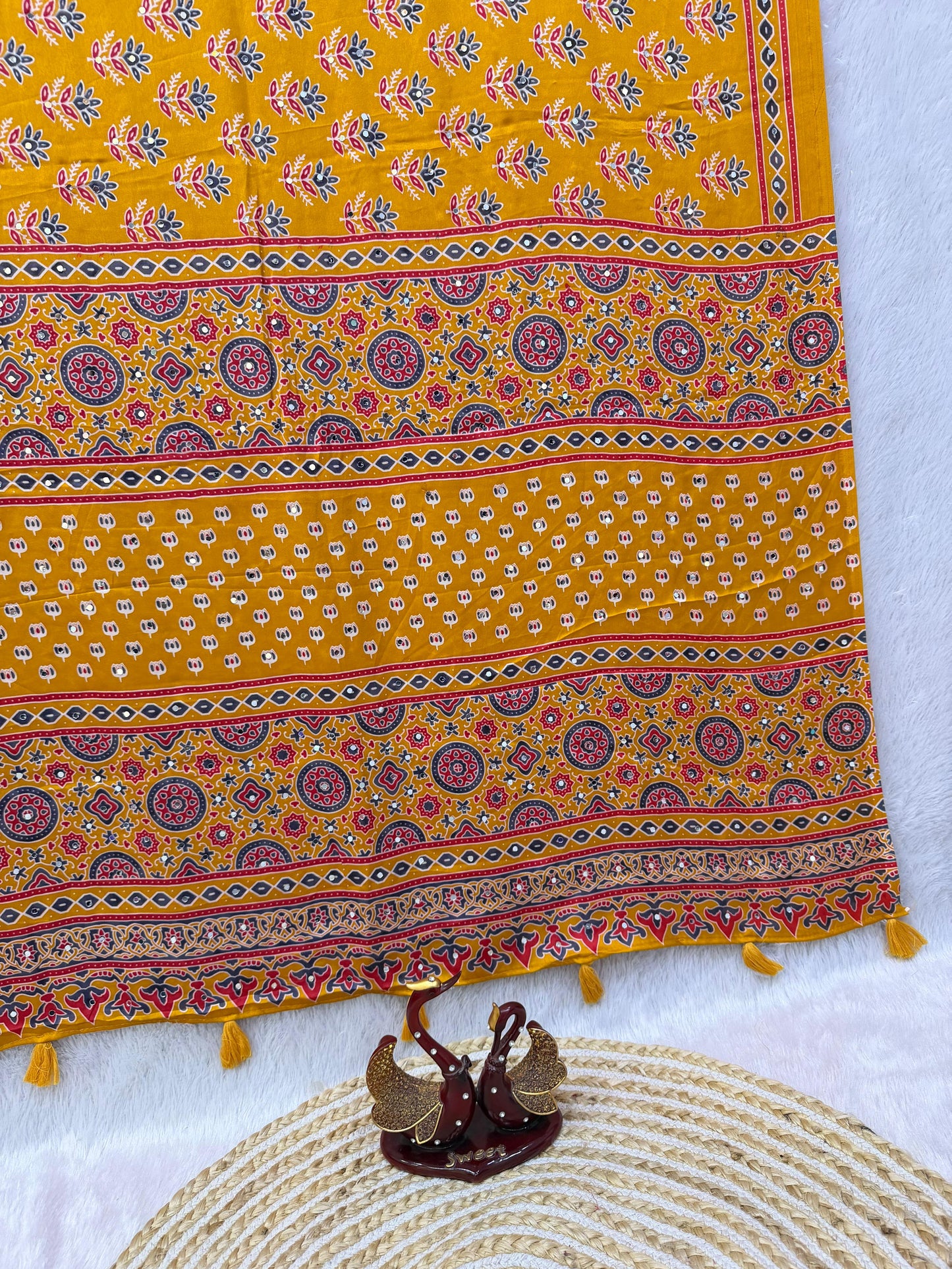 Ajrakh Semi Modal Crepe Silk Saree with Real Mirror Work – ₹1399