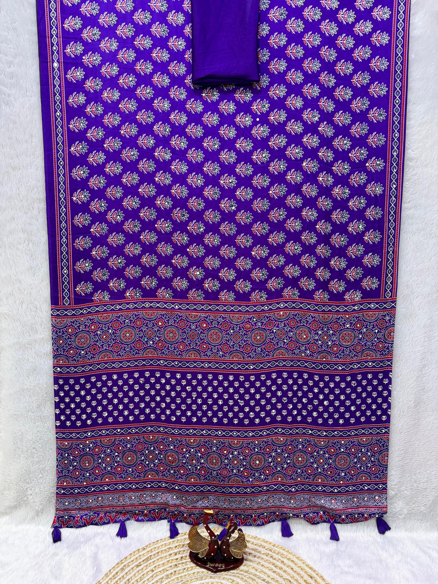 Ajrakh Semi Modal Crepe Silk Saree with Real Mirror Work – ₹1399