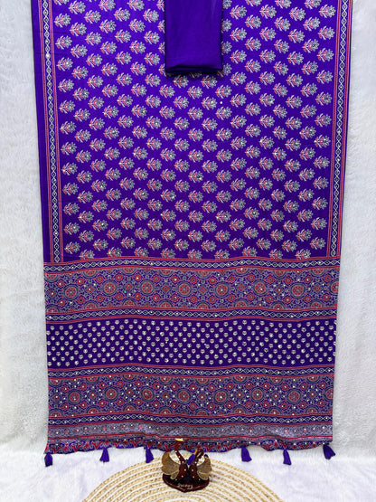 Ajrakh Semi Modal Crepe Silk Saree with Real Mirror Work – ₹1399
