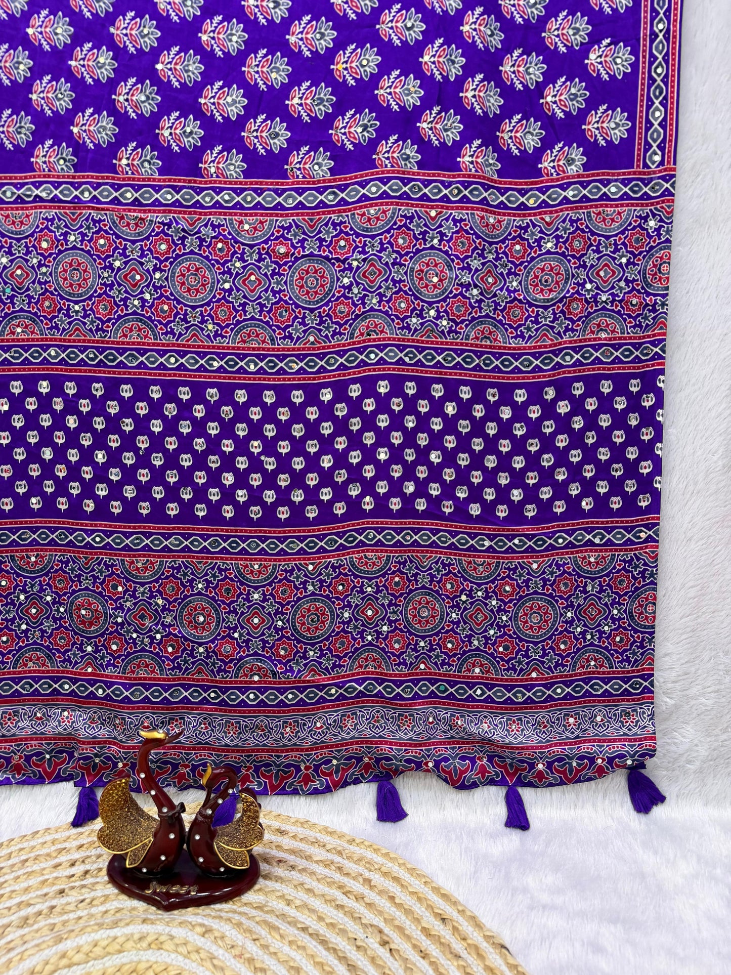 Ajrakh Semi Modal Crepe Silk Saree with Real Mirror Work – ₹1399