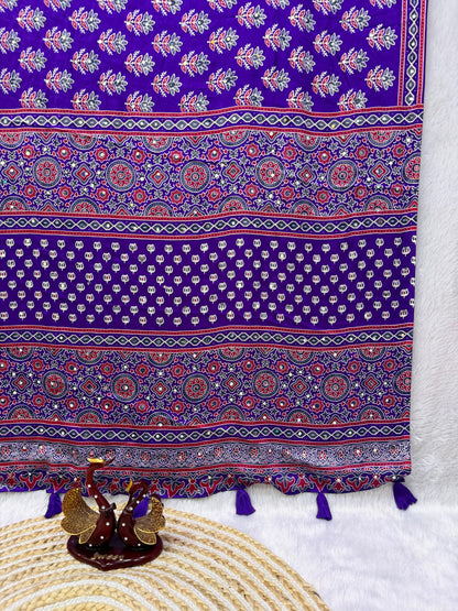Ajrakh Semi Modal Crepe Silk Saree with Real Mirror Work – ₹1399