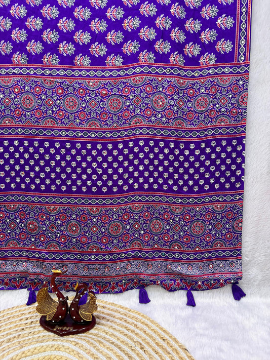 Ajrakh Semi Modal Crepe Silk Saree with Real Mirror Work – ₹1399
