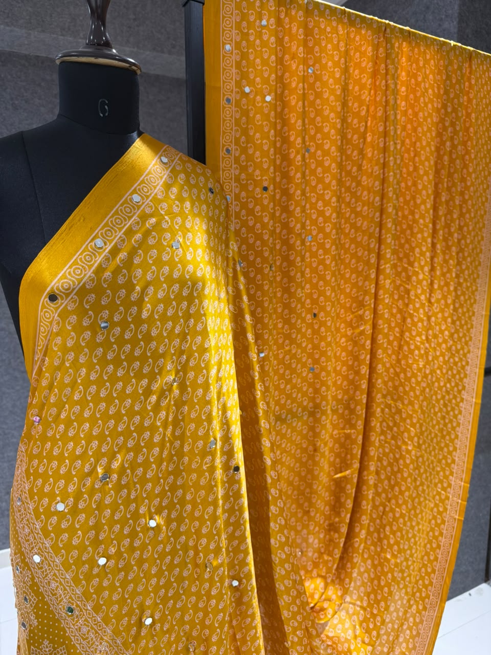 Real Mirror Work Ajrakh Crepe Silk Saree – ₹1299