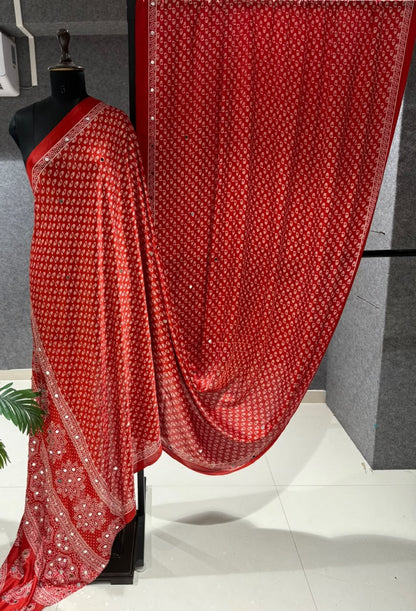 Real Mirror Work Ajrakh Crepe Silk Saree – ₹1299