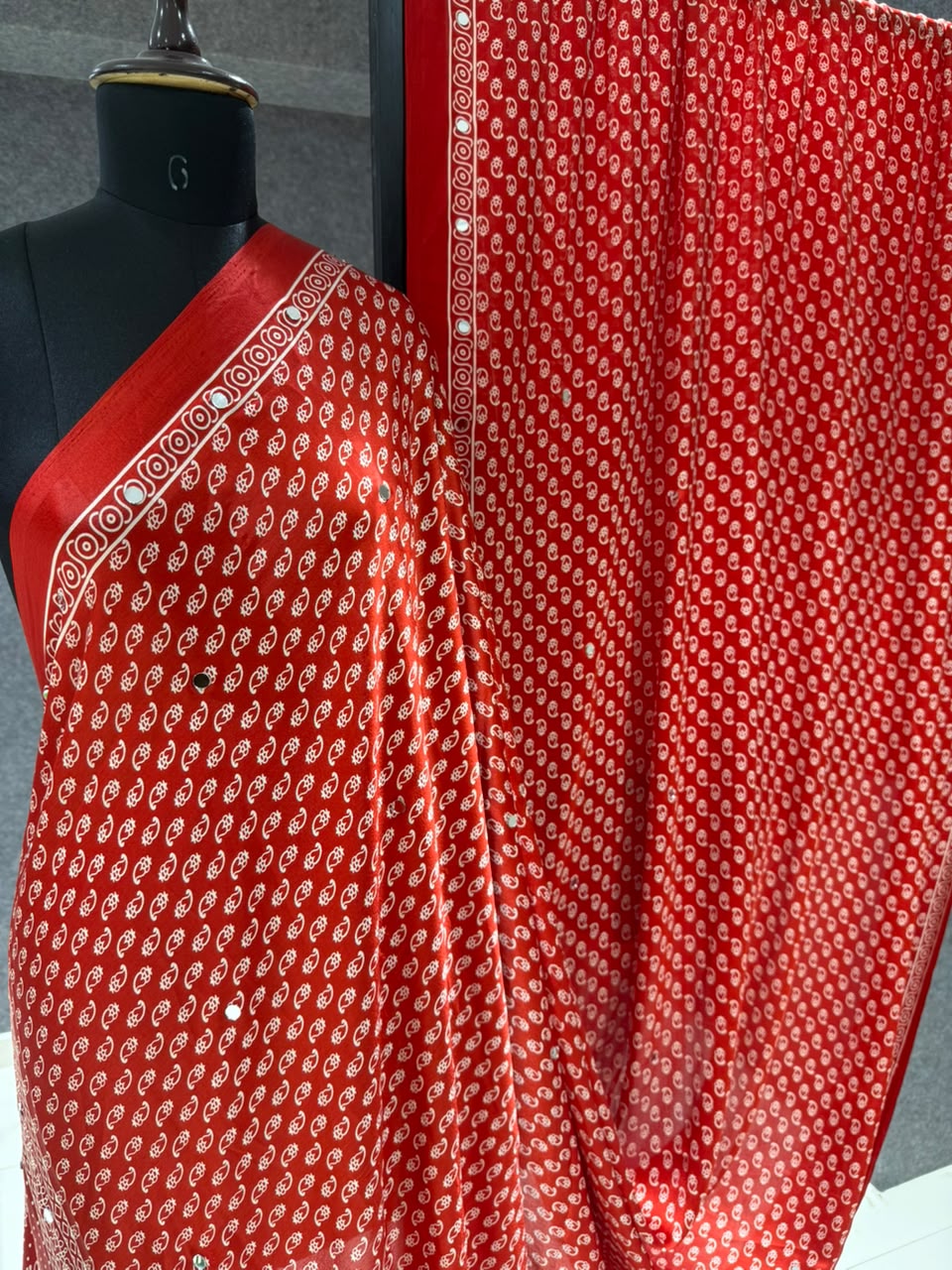 Real Mirror Work Ajrakh Crepe Silk Saree – ₹1299