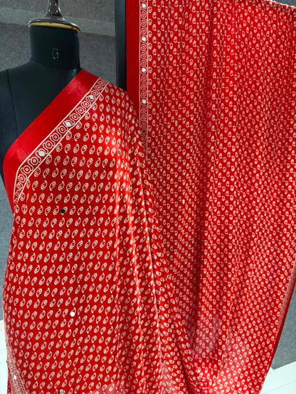 Real Mirror Work Ajrakh Crepe Silk Saree – ₹1299