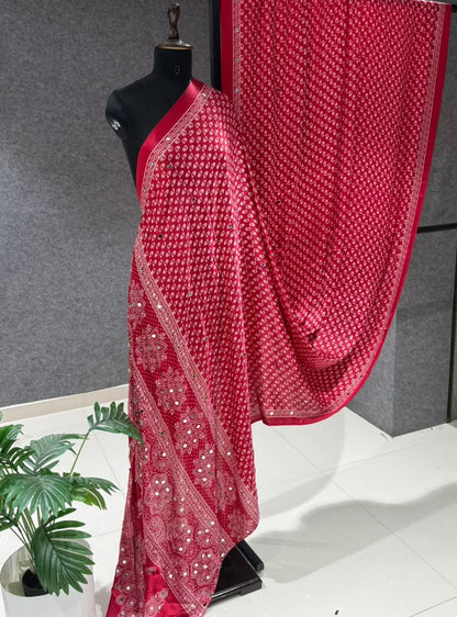 Real Mirror Work Ajrakh Crepe Silk Saree – ₹1299