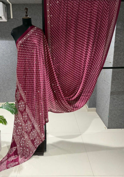 Real Mirror Work Ajrakh Crepe Silk Saree – ₹1299