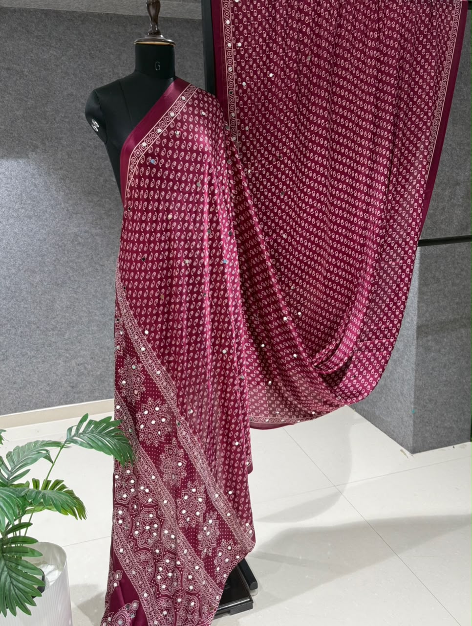 Real Mirror Work Ajrakh Crepe Silk Saree – ₹1299