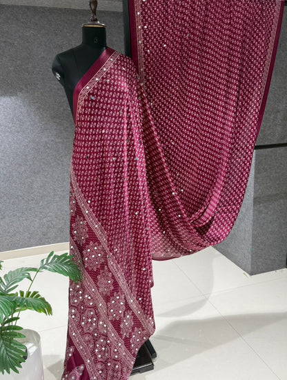 Real Mirror Work Ajrakh Crepe Silk Saree – ₹1299
