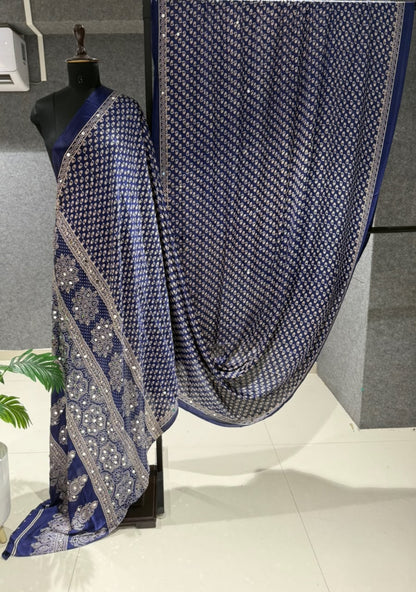 Real Mirror Work Ajrakh Crepe Silk Saree – ₹1299