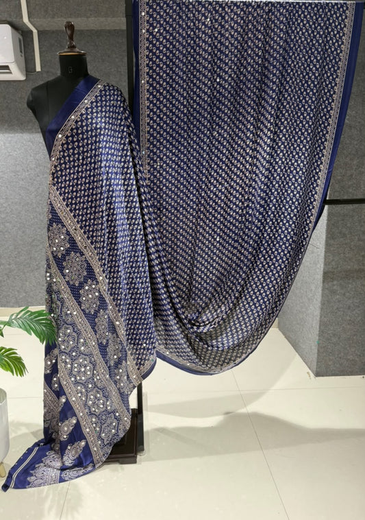 Real Mirror Work Ajrakh Crepe Silk Saree – ₹1299