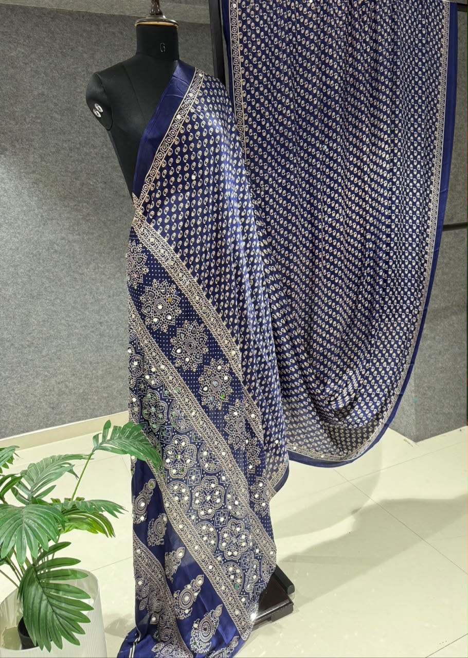 Real Mirror Work Ajrakh Crepe Silk Saree – ₹1299