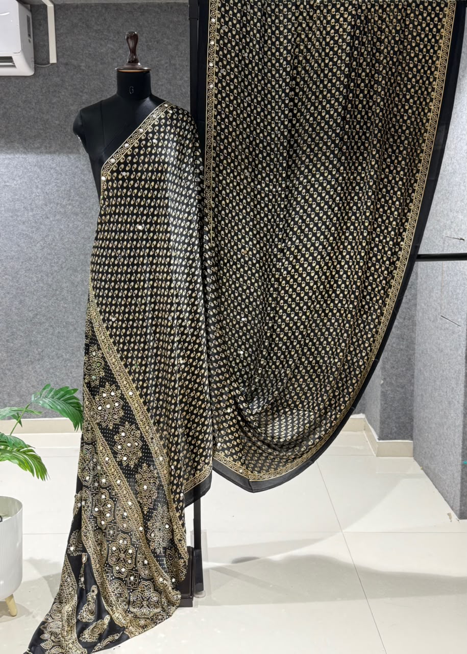 Real Mirror Work Ajrakh Crepe Silk Saree – ₹1299