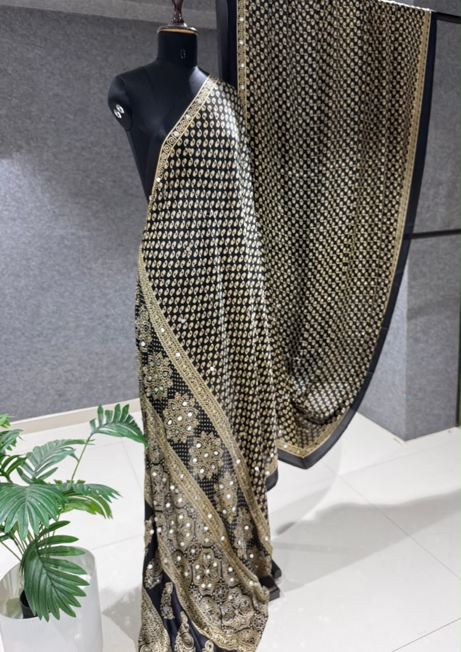 Real Mirror Work Ajrakh Crepe Silk Saree – ₹1299