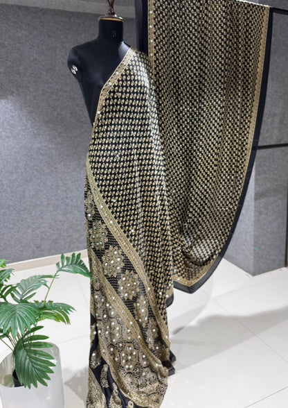 Real Mirror Work Ajrakh Crepe Silk Saree – ₹1299