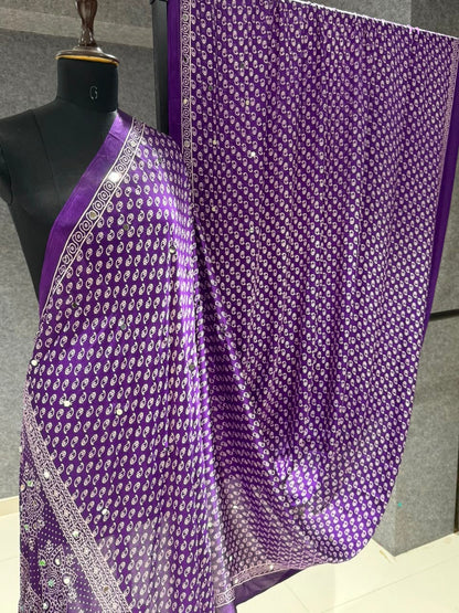 Real Mirror Work Ajrakh Crepe Silk Saree – ₹1299