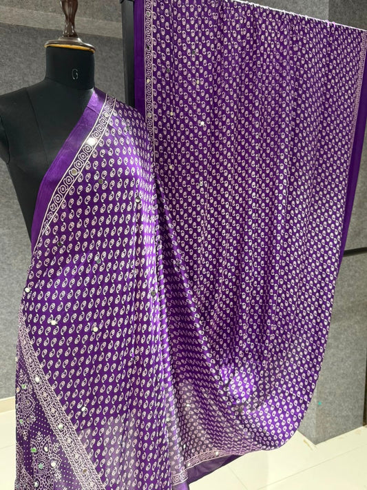 Real Mirror Work Ajrakh Crepe Silk Saree – ₹1299