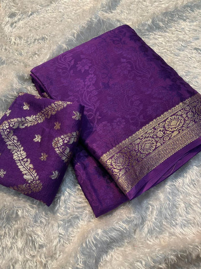 Viscose Chinnon Silk Saree with Viscose Zari Weaving Borders – ₹1550