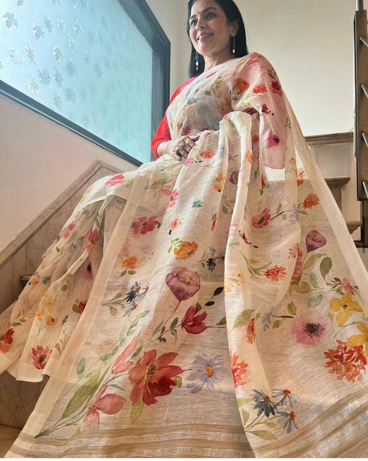 Linen Slub Cotton Floral Saree – ₹899
