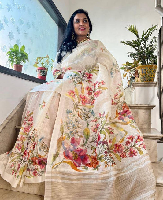 Linen Slub Cotton Floral Saree – ₹899