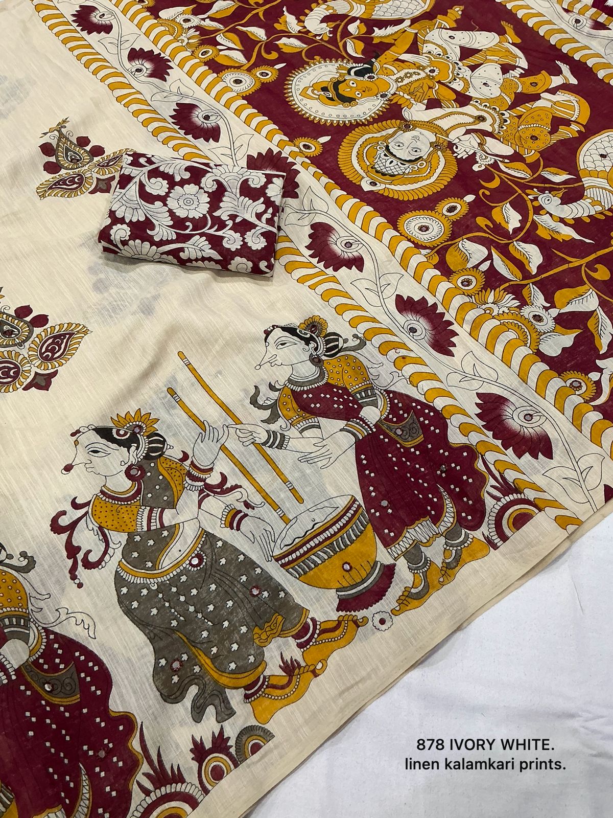 Soft Linen Slub Cotton Kalamkari Saree with Aari Mirror Work – ₹999