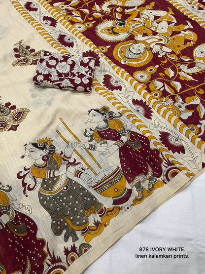 Soft Linen Slub Cotton Kalamkari Saree with Aari Mirror Work – ₹999