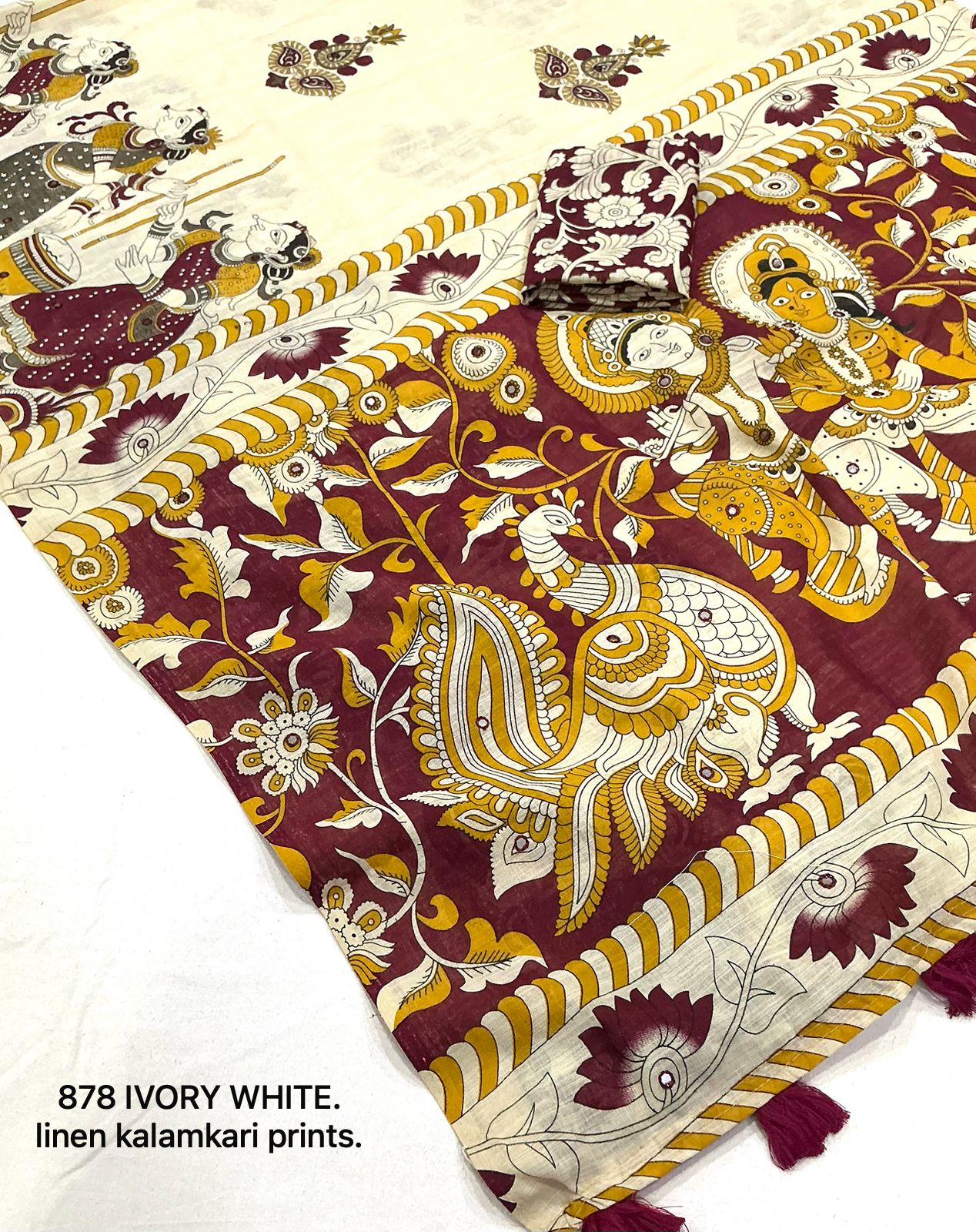 Soft Linen Slub Cotton Kalamkari Saree with Aari Mirror Work – ₹999