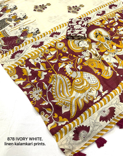 Soft Linen Slub Cotton Kalamkari Saree with Aari Mirror Work – ₹999