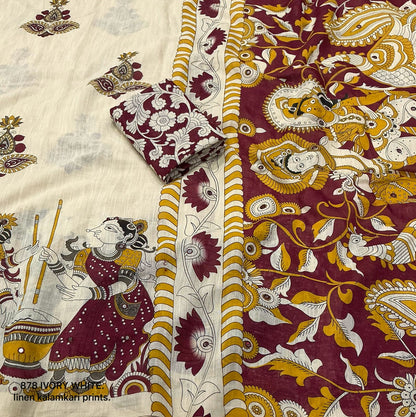 Soft Linen Slub Cotton Kalamkari Saree with Aari Mirror Work – ₹999