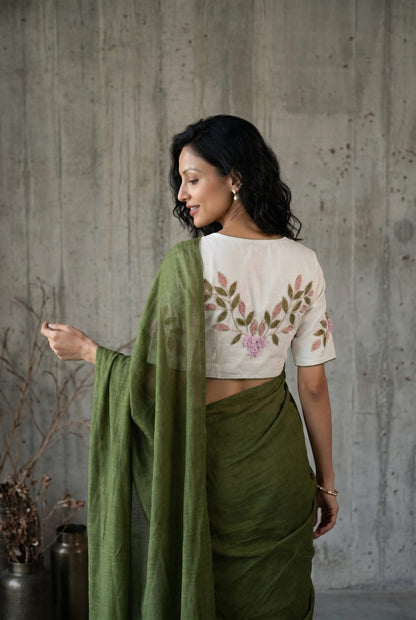Khadi Cotton Embroidered Readymade Blouse with Plain Khadi Cotton Saree – ₹1299