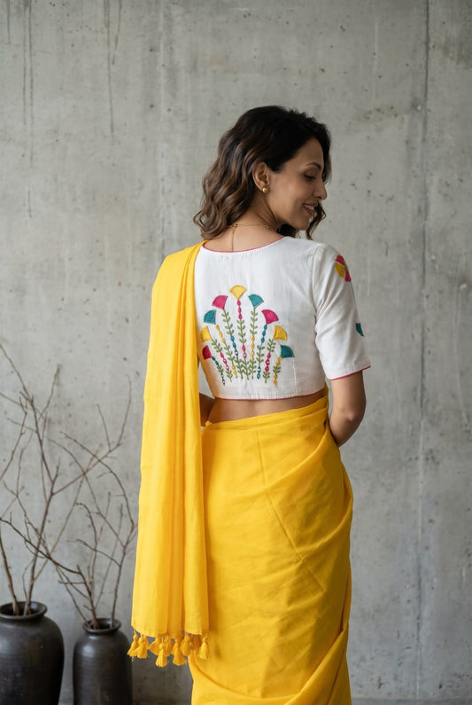 Khadi Cotton Embroidered Readymade Blouse with Plain Khadi Cotton Saree – ₹1299