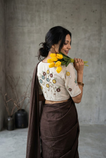Khadi Cotton Embroidered Readymade Blouse with Plain Khadi Cotton Saree – ₹1299