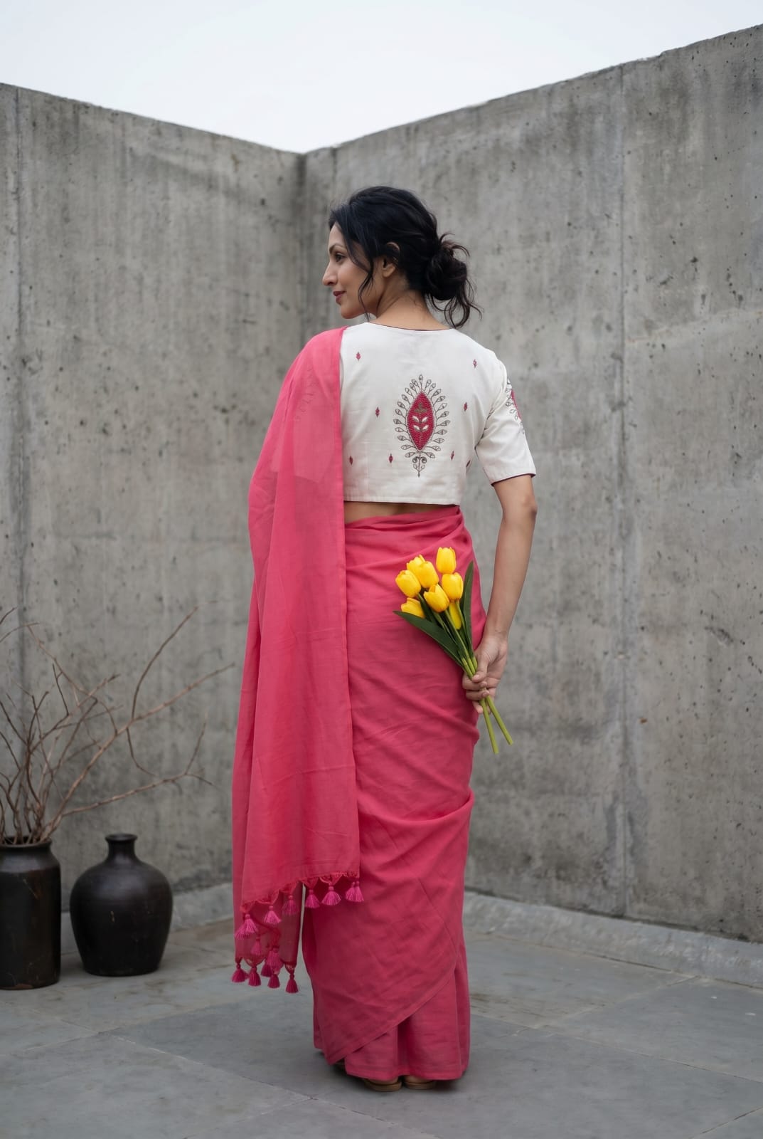 Khadi Cotton Embroidered Readymade Blouse with Plain Khadi Cotton Saree – ₹1299