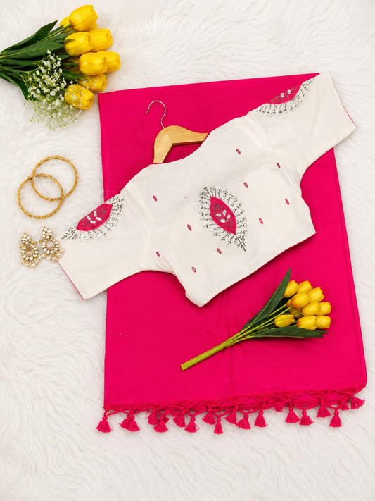 Khadi Cotton Embroidered Readymade Blouse with Plain Khadi Cotton Saree – ₹1299