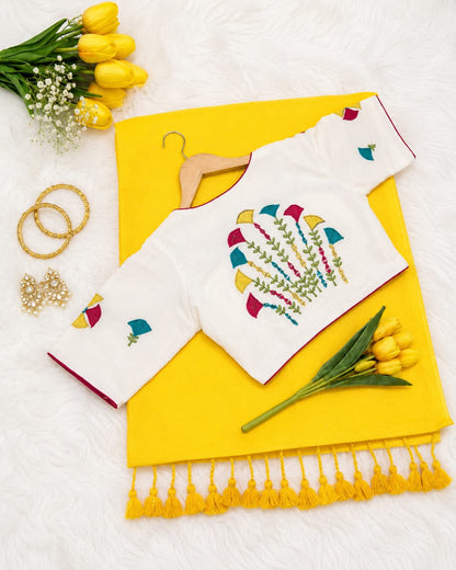Khadi Cotton Embroidered Readymade Blouse with Plain Khadi Cotton Saree – ₹1299